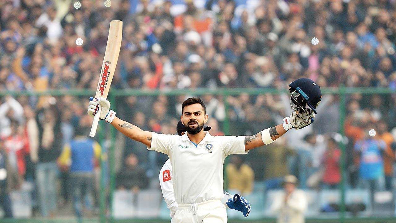 Virat Kohli celebrates his double century at Feroz Shah Kotla, Delhi.