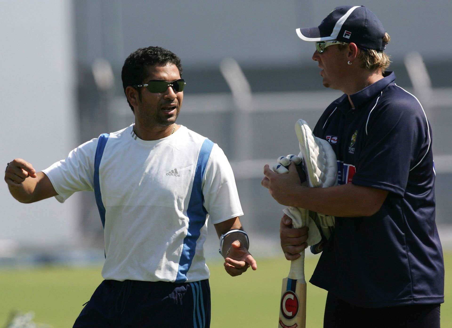 Rivals on the cricket field, Sachin Tendulkar (left) and Shane Warne shared great mutual respect for each other. In this picture, the legends are captured during training at Brabourne Stadium in September 2004 in Mumbai, India. Pic: Getty Images