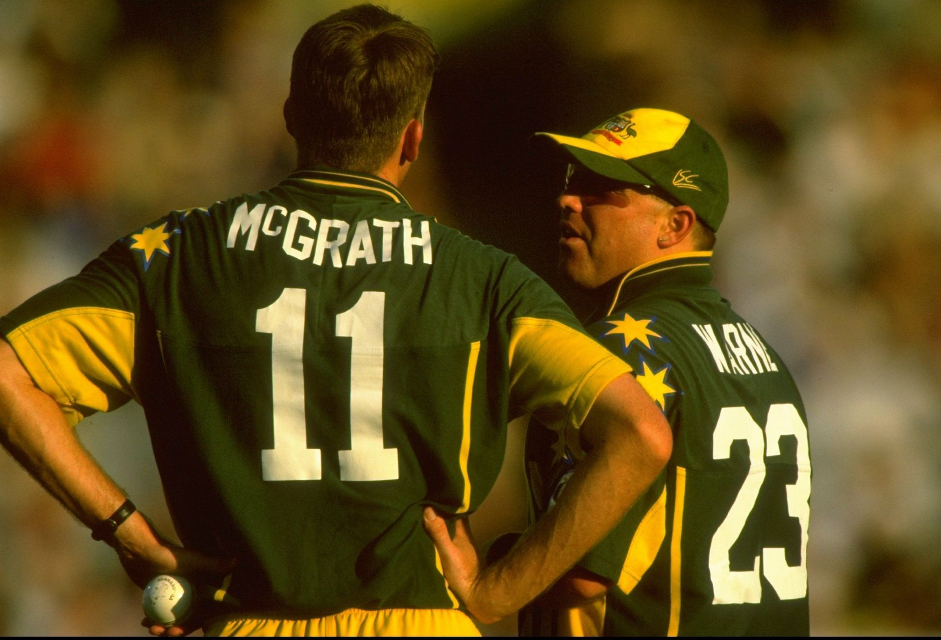 Glenn McGrath and Shane Warne are unarguably regarded as two of Australia’s greatest match-winners. The duo are seen in discussion during the first final of the Carlton and United One Day Series against England at the Sydney Cricket Ground in February 1999. Pic: Getty Images