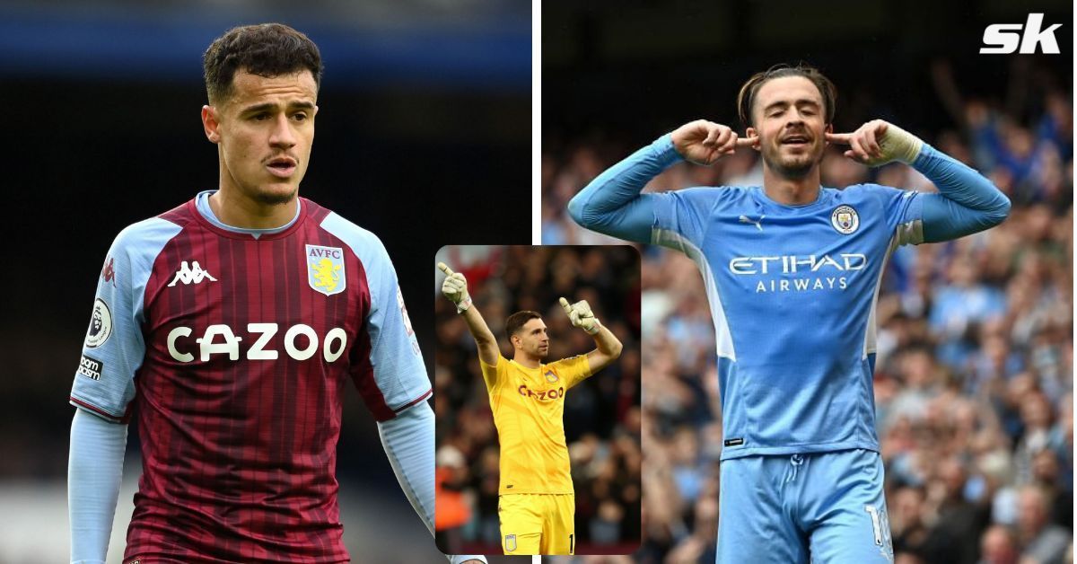 Aston Villa&#039;s Philippe Coutinho (L), Manchester City&#039;s Jack Grealish (R), Emiliano Martinez (inset).