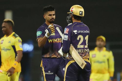 KKR's Shreyas Iyer and Sheldon Jackson celebrate the win over CSK.