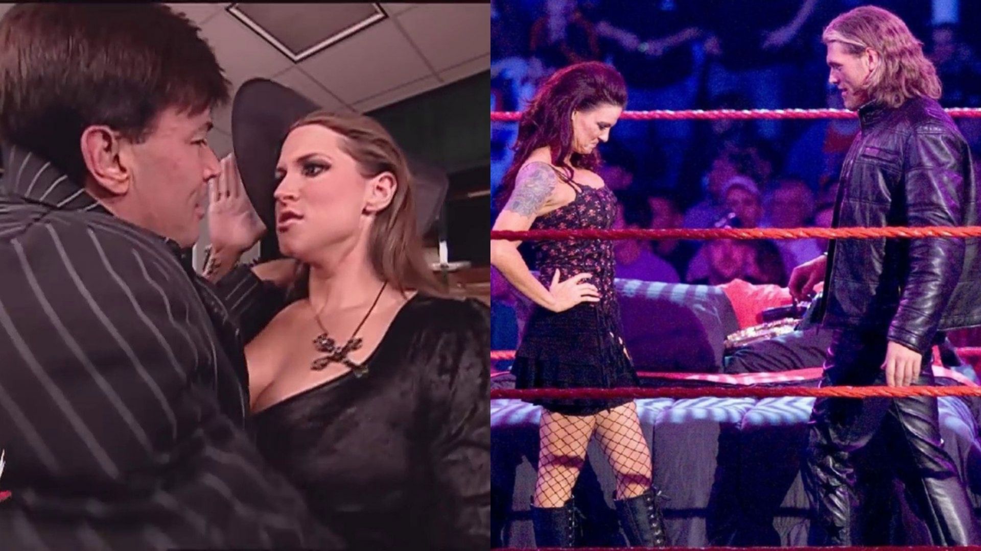 Stephanie McMahon with Eric Bischoff (left) and Edge with Lita (right)