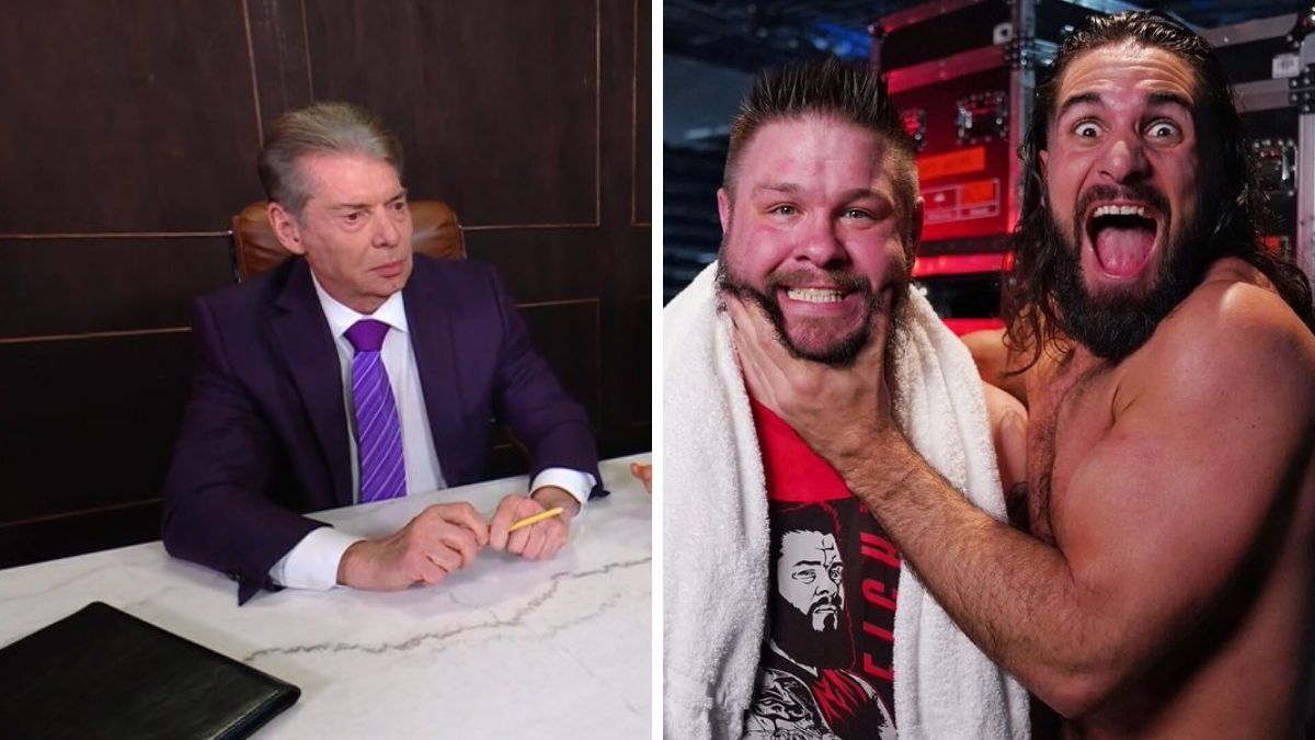 Vince McMahon (left); Seth Rollins and Kevin Owens (right)