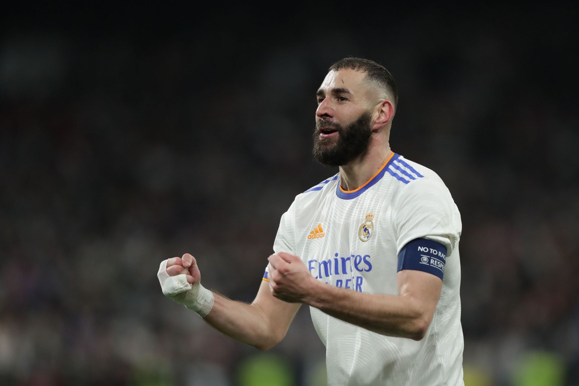 Karim Benzema celebrates scoring for Real Madrid.