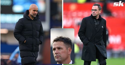 Manchester City manager Pep Guardiola; Manchester United boss Ralf Rangnick; [inset] Michael Owen 