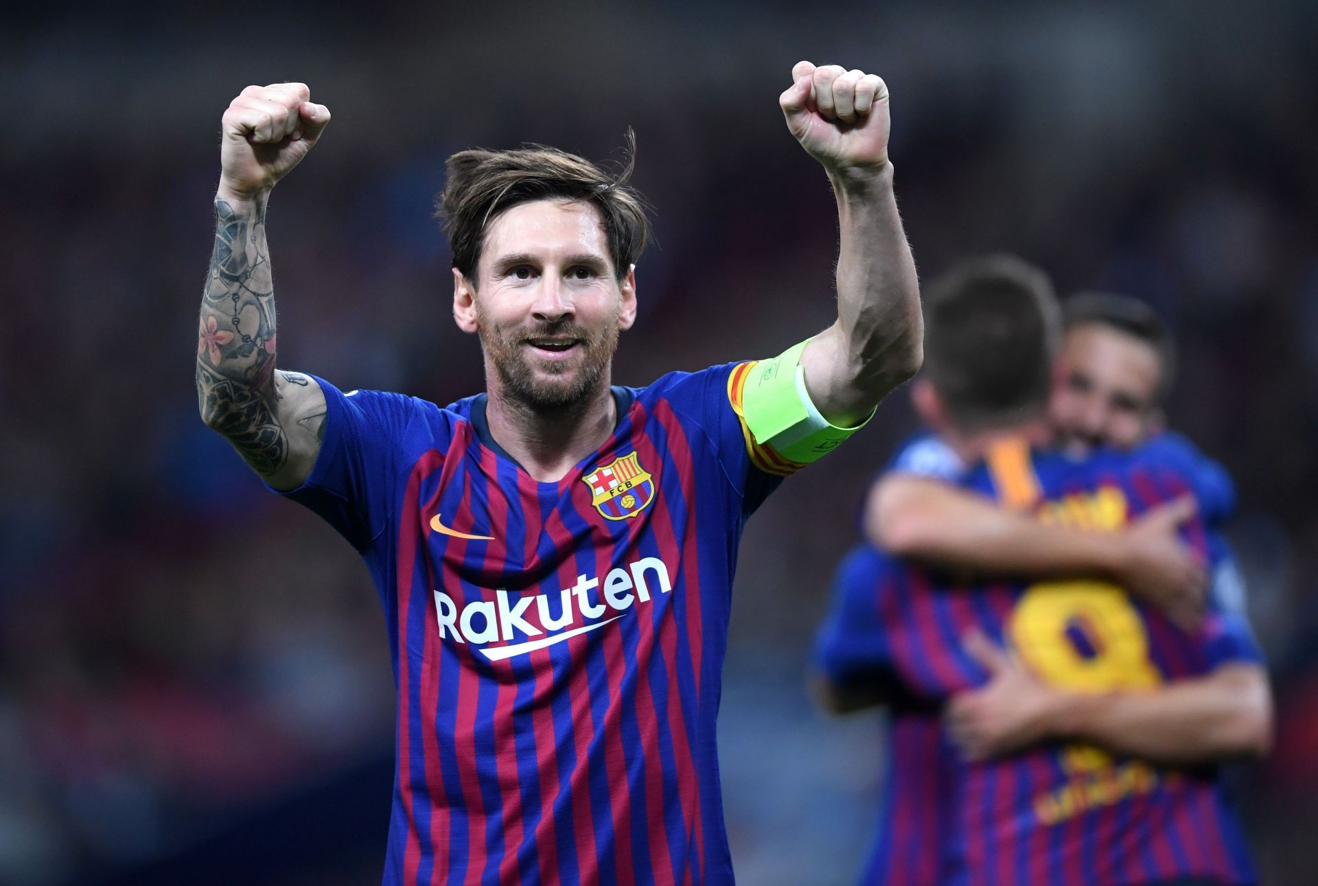 Tottenham Hotspur v FC Barcelona - Messi celebrates after scoring