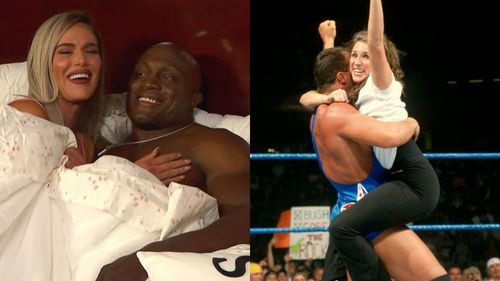 Bobby Lashley with Lana (left) and Kurt Angle with Stephanie McMahon (right)