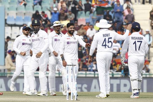 Team India celebrate a wicket on Day 3. Pic: BCCI