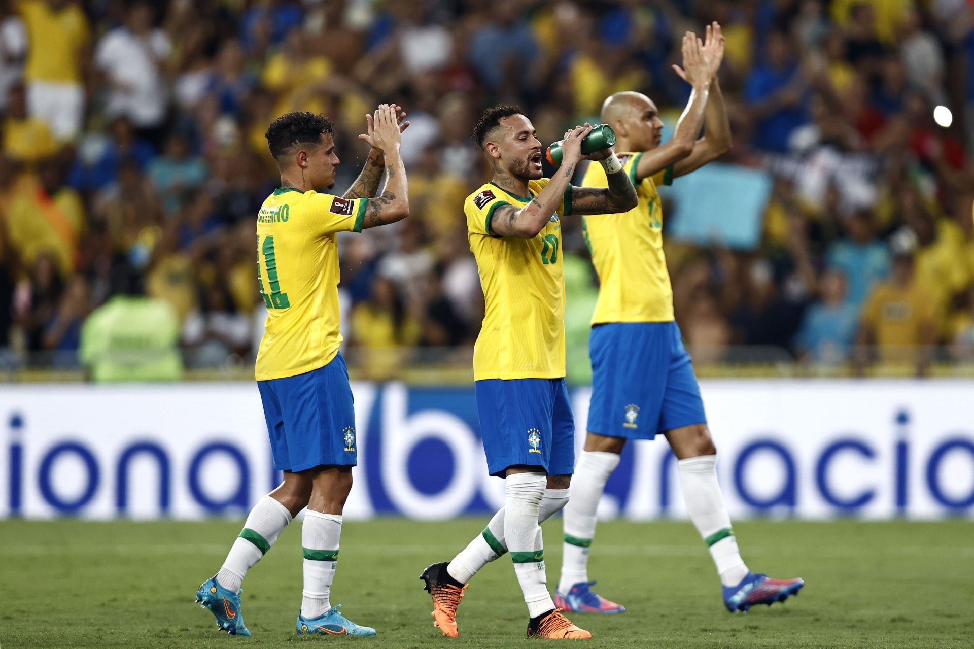 Brazil players celebrate after picking up a comprehensive win against Chile.