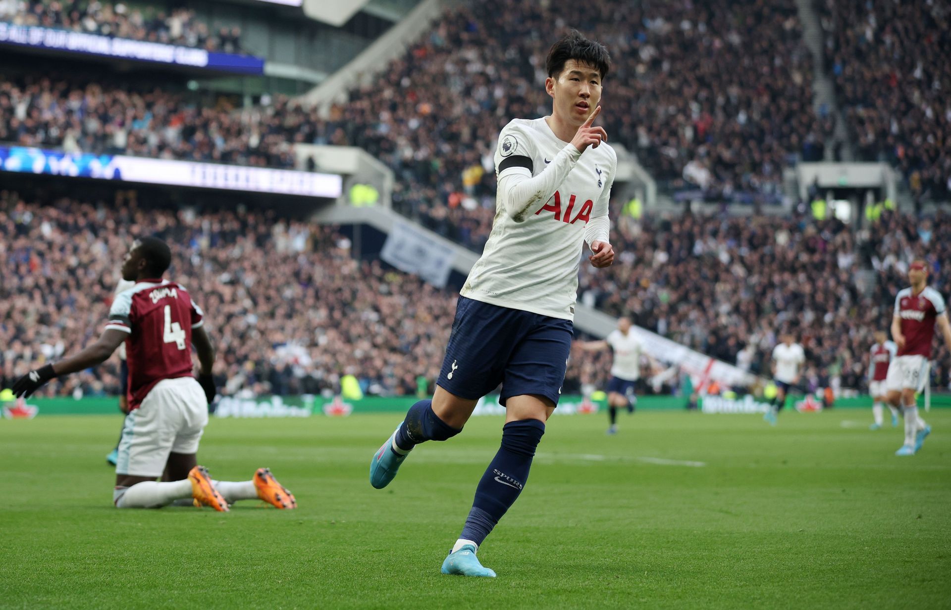 Son Heung-min celebrates netting against West Ham United