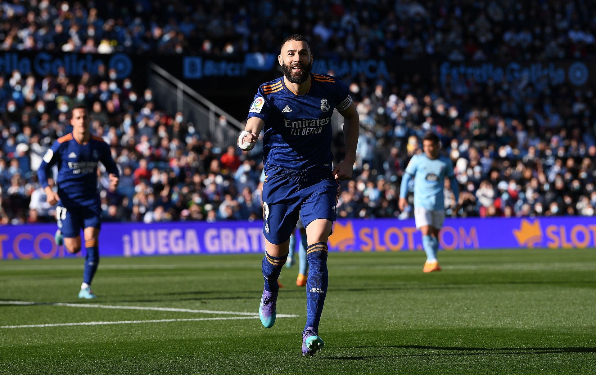 Karim Benzema celebrates after scoring.