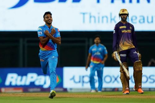 Chetan Sakariya celebrates the wicket of Aaron Finch