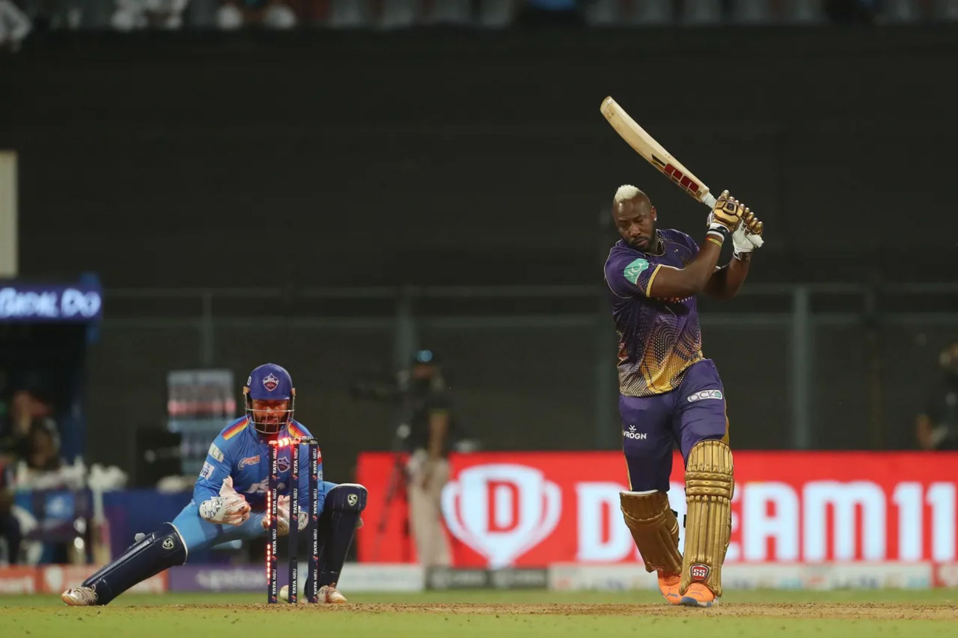 KKR batter Andre Russell is stumped by Rishabh Pant. Pic: IPLT20.COM