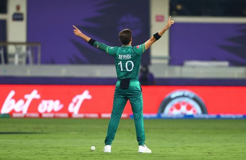 Shaheen Afridi celebrates a wicket during the T20 World Cup 2021 match against India. Pic: Getty Images