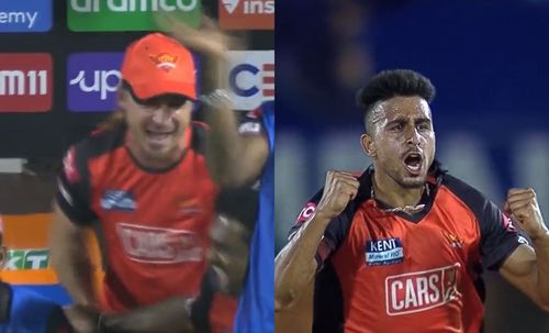 Dale Steyn (left) is ecstatic after Umran Malik (right) dismisses Shreyas Iyer. Pics: IPLT20.COM