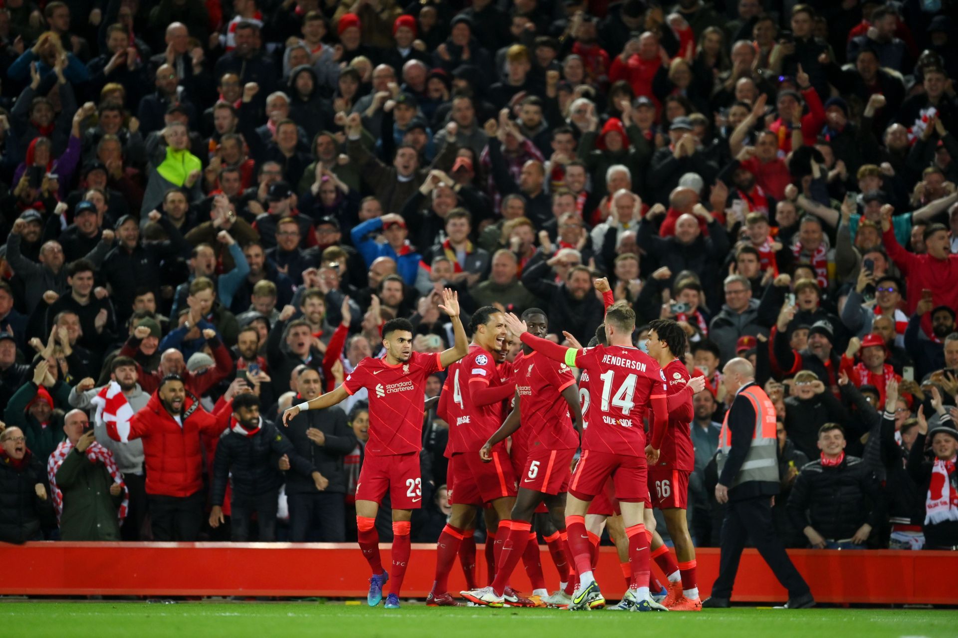 Liverpool players celebrate after scoring against Villarreal.