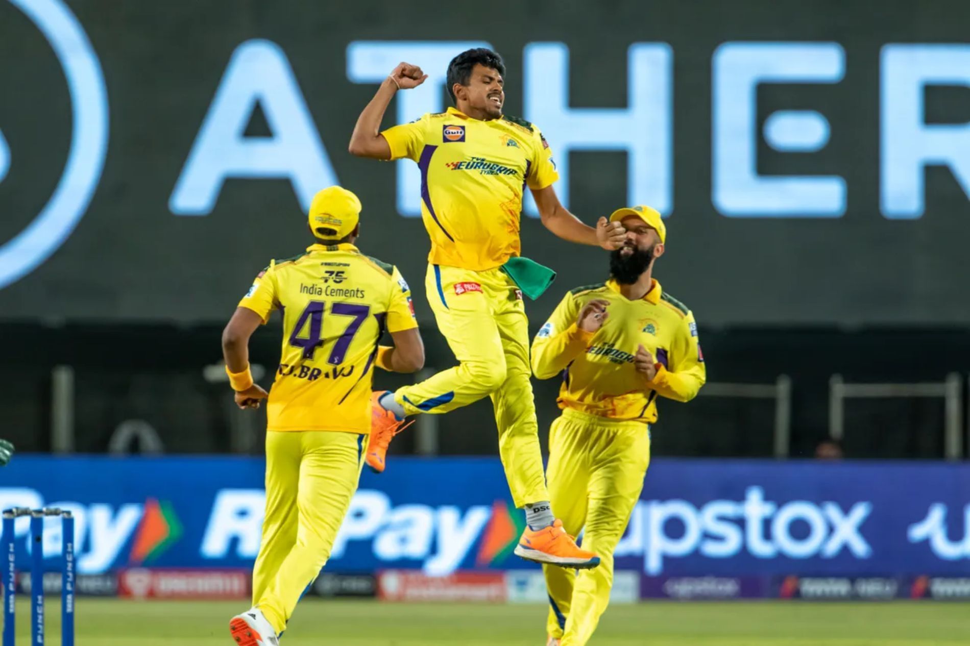 CSK&#039;s Maheesh Theekshana celebrates a wicket against Gujarat Titans. Pic: IPLT20.COM