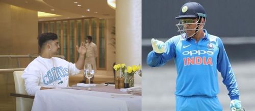 (Left) Ishan Kishan imitating Dhoni’s hand gestures; (right) The man himself at work