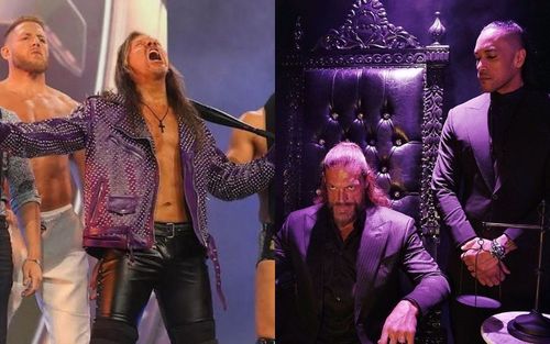 Chris Jericho and Jake Hager (left); Edge and Damian Priest (right)