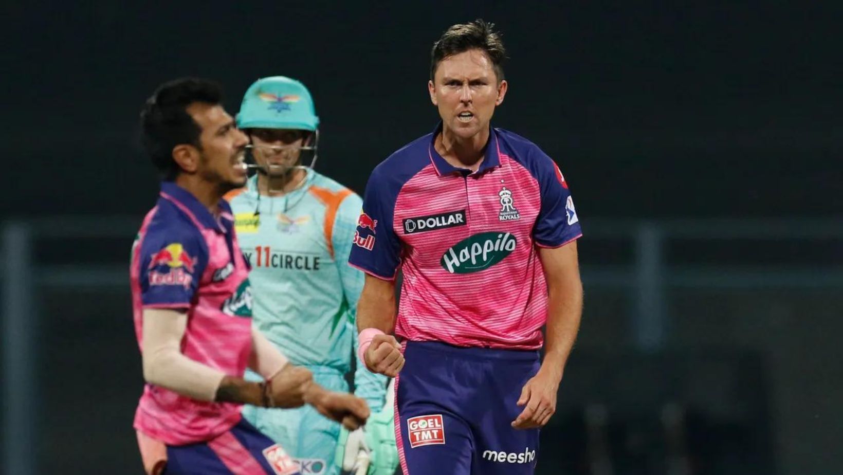 Trent Boult (R) celebrates after taking a wicket vs Lucknow Super Giants.