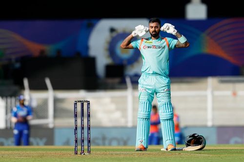 KL Rahul celebrates after reaching a hundred against Mumbai. Pic: IPLT20.COM