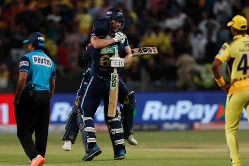 David Miller and Lockie Ferguson celebrate Gujarat’s win over Chennai. Pic: IPLT20.COM