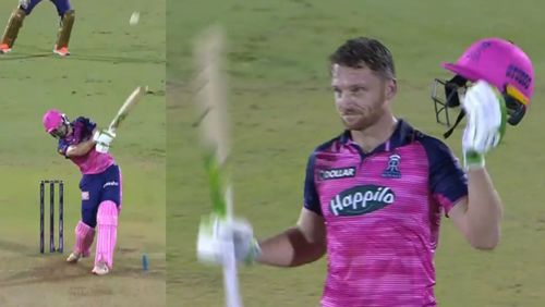 Jos Buttler celebrates his second century in IPL 2022.