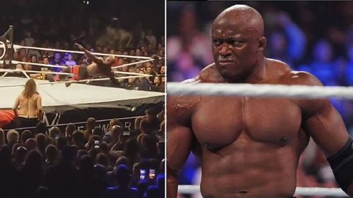 Bobby Lashley's fall at last night's WWE live event (left); The All Mighty (right)