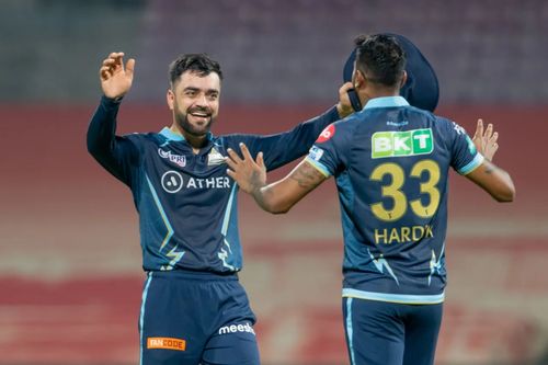 Rashid Khan (left) and Hardik Pandya starred in Gujarat’s win. Pic: IPLT20.COM