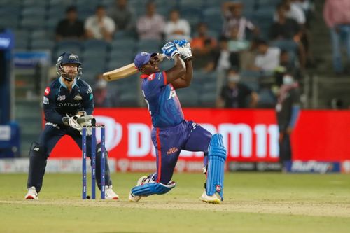 Rovman Powell batting against Gujarat. Pic: IPLT20.COM