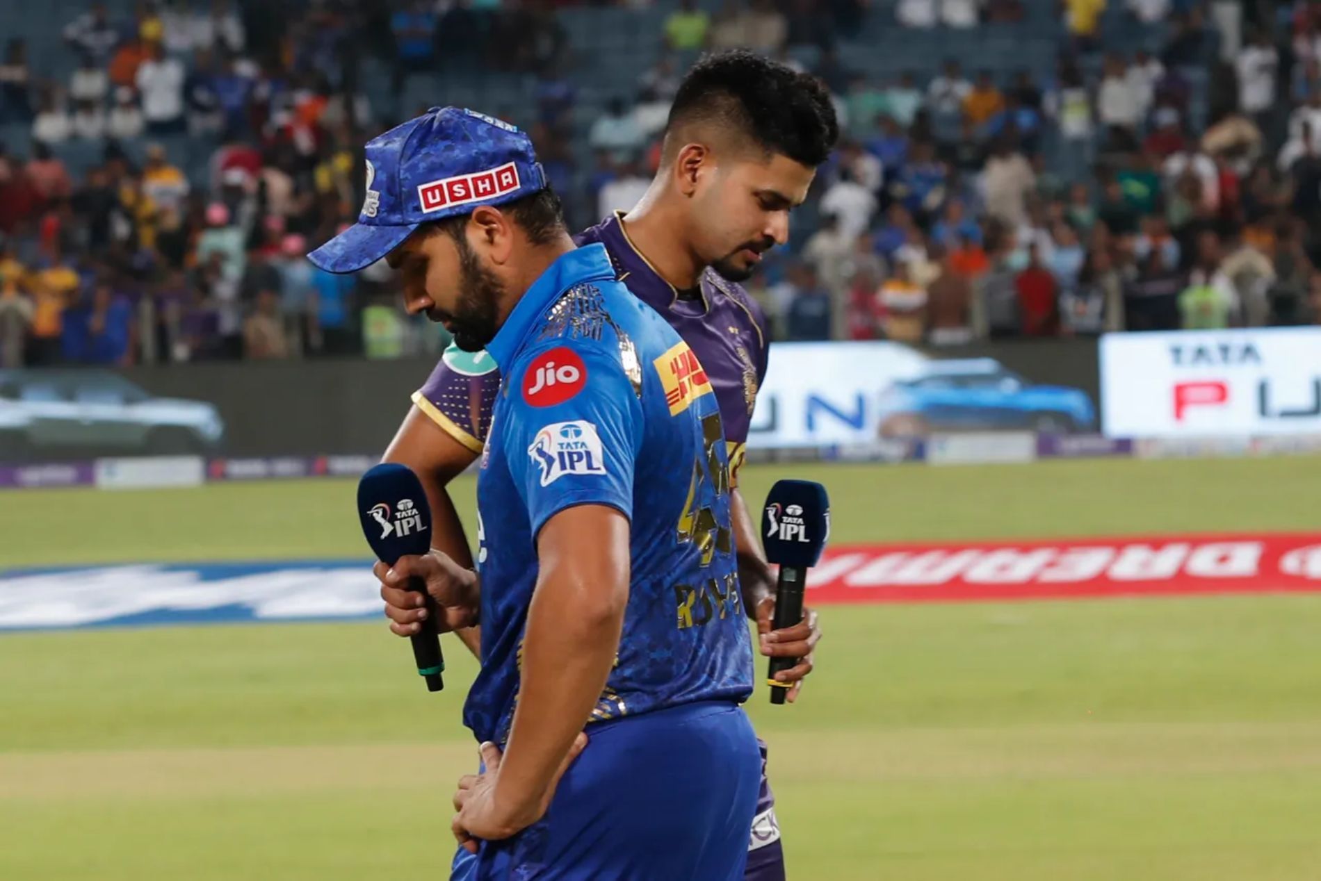 Rohit Sharma of MI and Shreyas Iyer of KKR after the toss for Match 14. While Kolkata are in second place in the points table with three wins and two losses, Mumbai have lost five in a row.