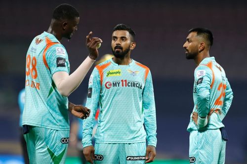 Lucknow skipper KL Rahul (centre) during the match against Bangalore. Pic: IPLT20.COM