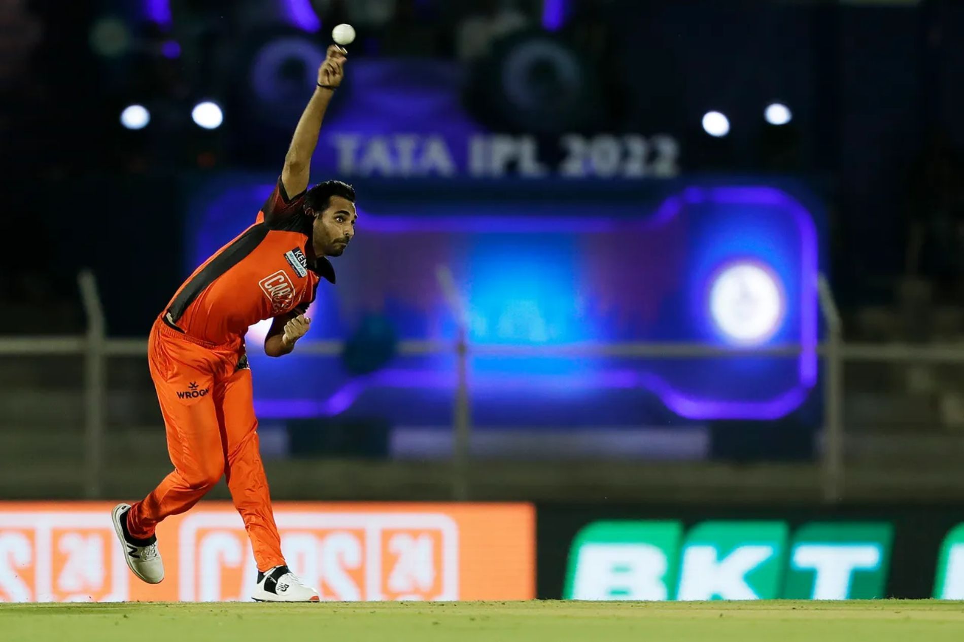 Bhuvneshwar Kumar bowling against KKR. Pic: IPLT20.COM