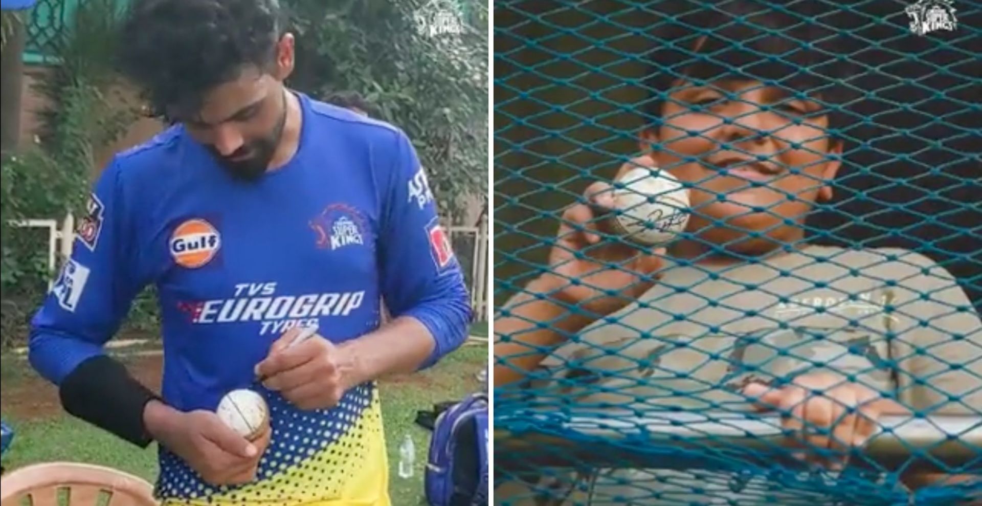 Jadeja autographs a ball for a fan (Credit: Twitter/CSK)