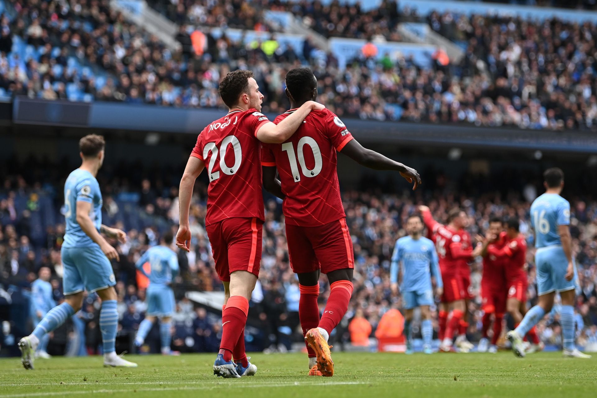 Sadio Mane celebrates after scoring a goal.