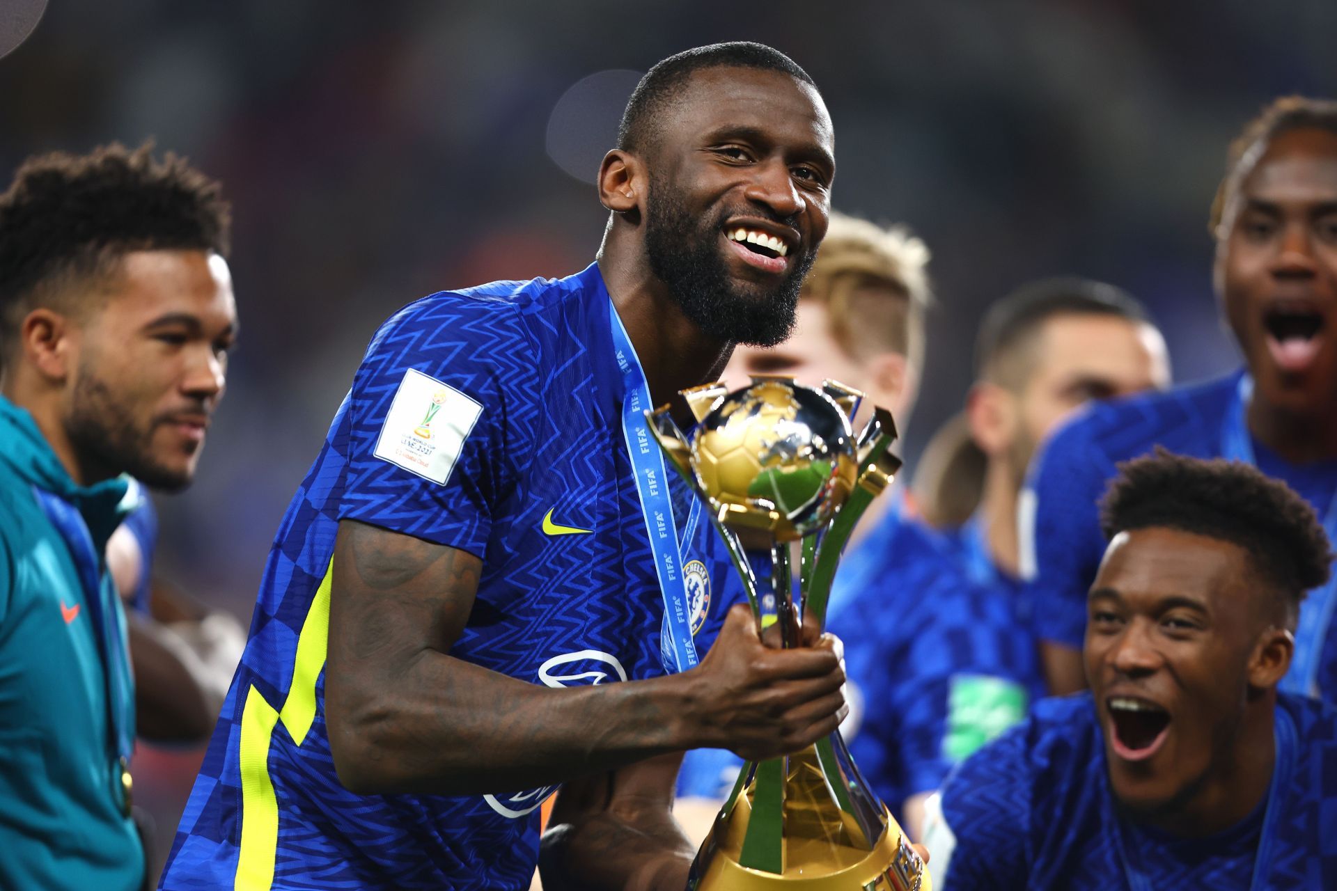 Antonio Rudiger and his Chelsea teammates celebrate winning the FIFA Club World Cup UAE 2021