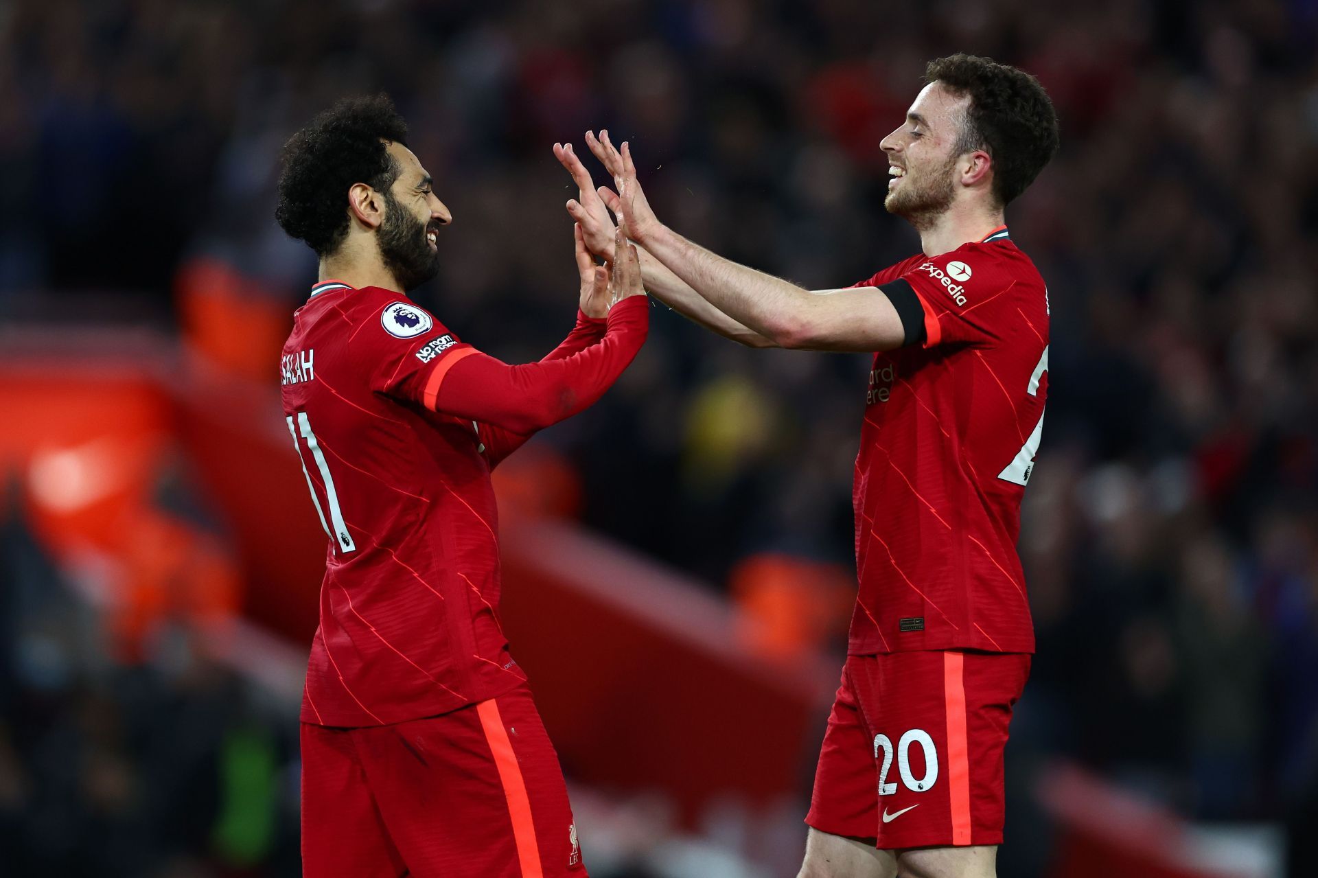 Mohamed Salah celebrates with Diogo Jota.