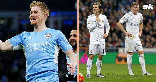 Manchester City's Kevin De Bruyne and Real Madrid's Luka Modric and Toni Kroos