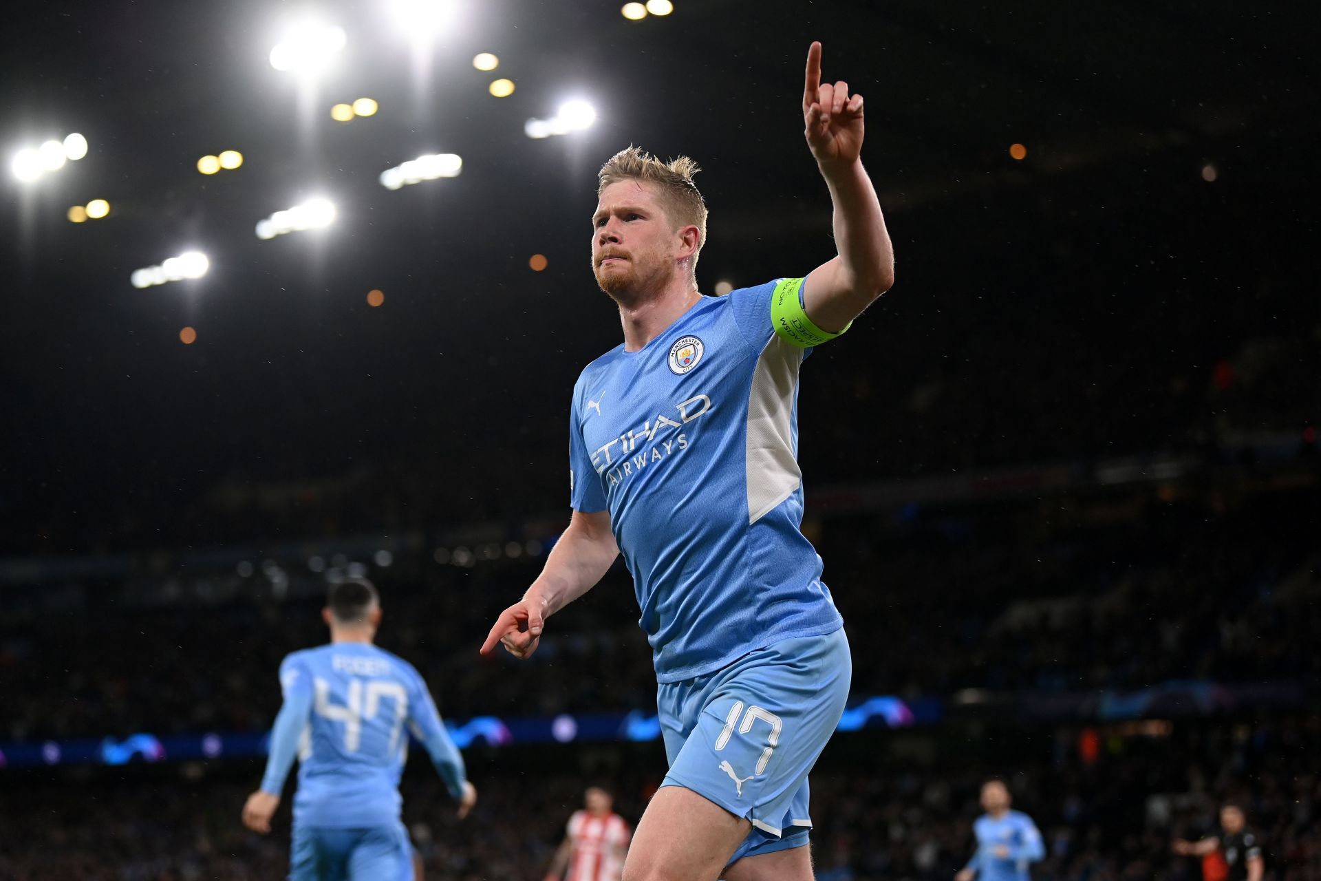 Kevin de Bruyne celebrates after scoring a goal.