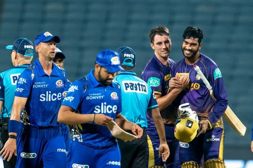 Mumbai and Kolkata players after match 14 of IPL 2022. Pic: IPLT20.COM