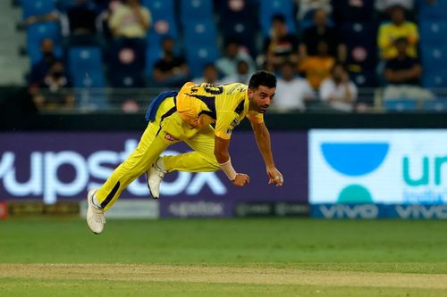 Deepak Chahar in action during the IPL 2021 final. Pic: IPLT20.COM