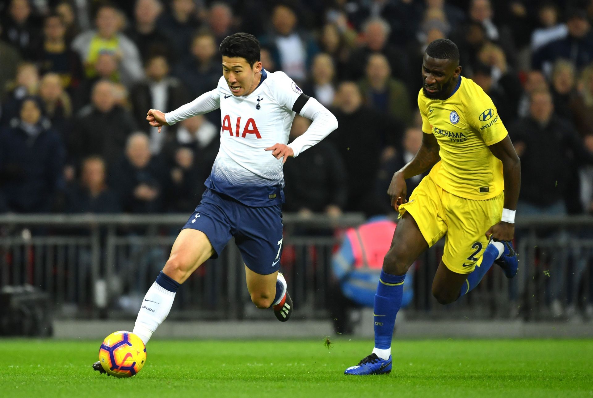 Son Heung Min challenged by Antonio Rudiger