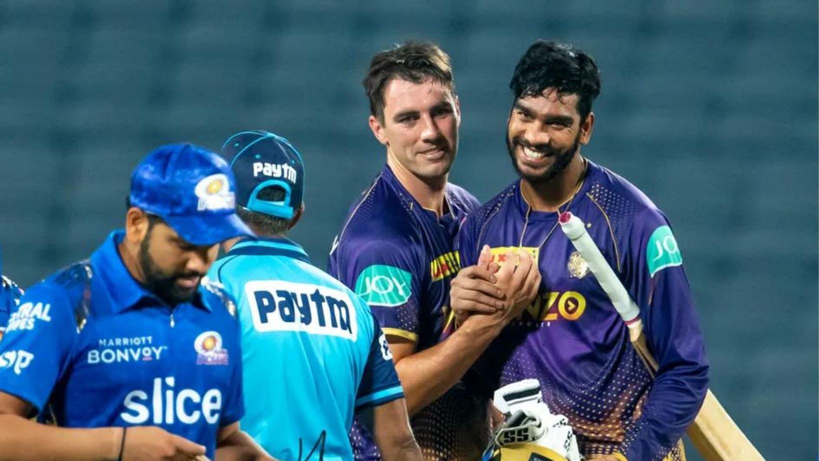 Pat Cummins and Venkatesh Iyer celebrate the brilliant win. (PC: IPL)