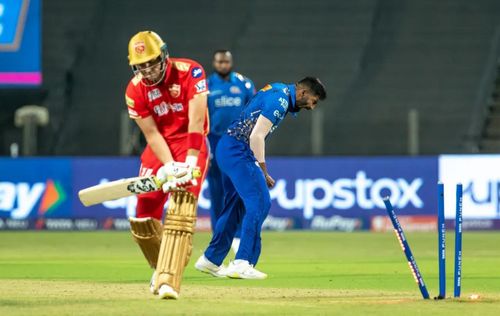 Jasprit Bumrah celebrates the wicket of Liam Livingstone (Pic: IPLT20.com)