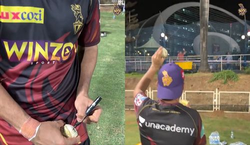 Ajinkya Rahane signs a ball for kids. Pic: KKR