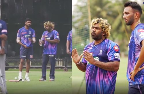 Lasith Malinga coaching RR bowlers (PC: RR/Instagram)