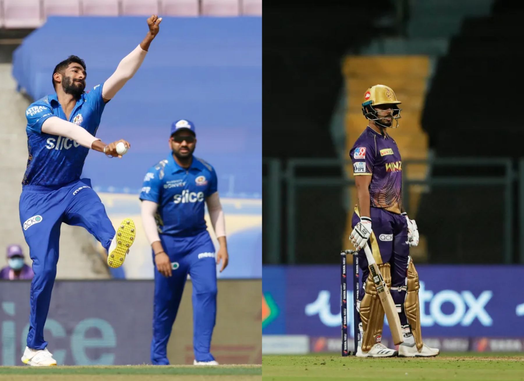 MI&rsquo;s Jasprit Bumrah (left) and KKR&rsquo;s Nitish Rana. Pics: IPLT20.COM