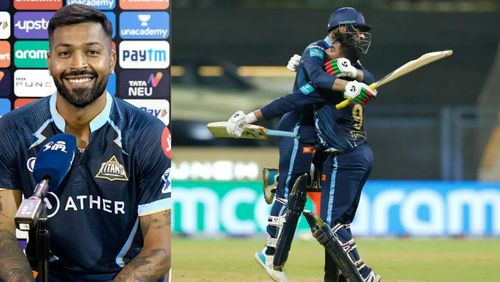 Hardik Pandya (L) and Rashid Khan and Rahul Tewatia celebrate the win. (R)