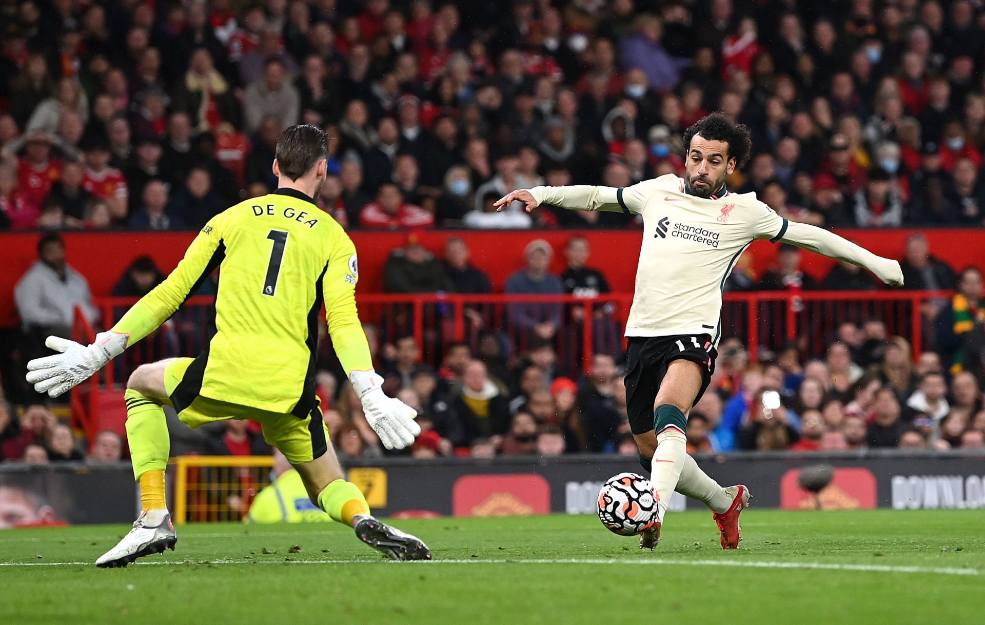 Mohammed Salah slots past David De Gea to complete his hat-trick at Old Trafford