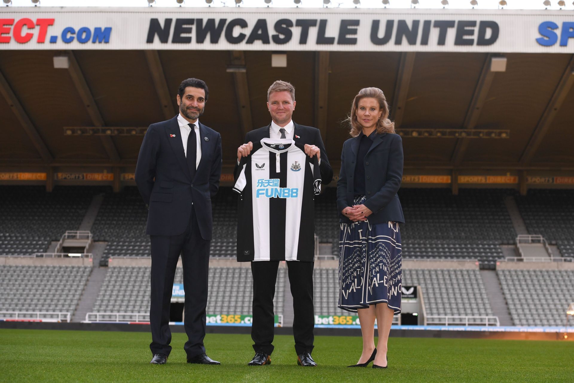 Newcastle Head Coach Eddie Howe with Directors Amanda Staveley and Mehrdad Ghodoussi